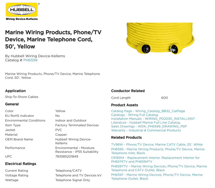 Hubbell, Marine Telephone Cord, 50', Yellow