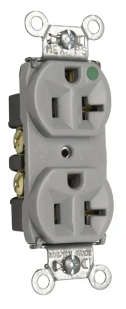 Heavy Duty Hospital-Grade Duplex Receptacle, Back and Side Wire, 20A, 125VAC, Gray